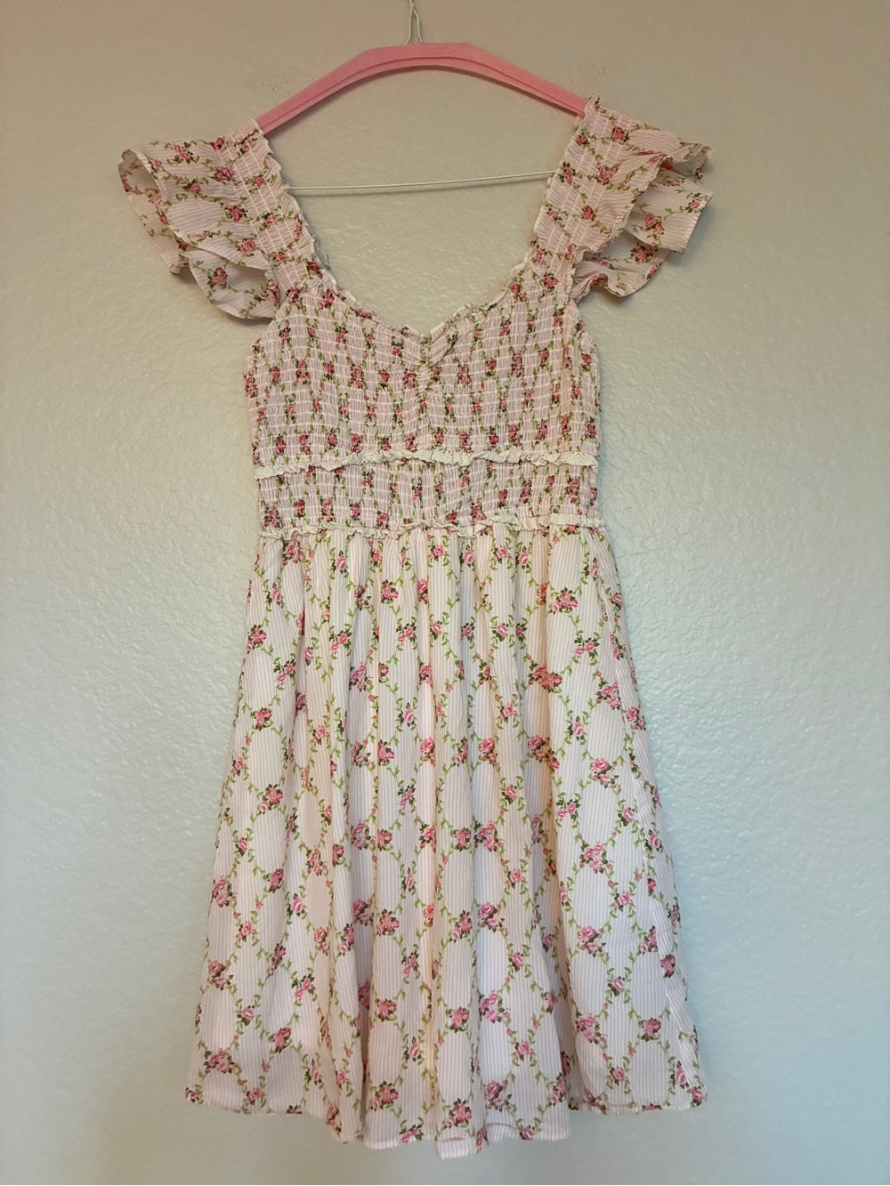Thirty Thirty Smocked Pink Floral Mini Dress with Flutter Sleeves Cottagecore